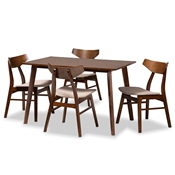 Baxton Studio Lois Mid-Century Modern Transitional Light Beige Fabric Upholstered and Walnut Brown Finished Wood 5-Piece Dining Set